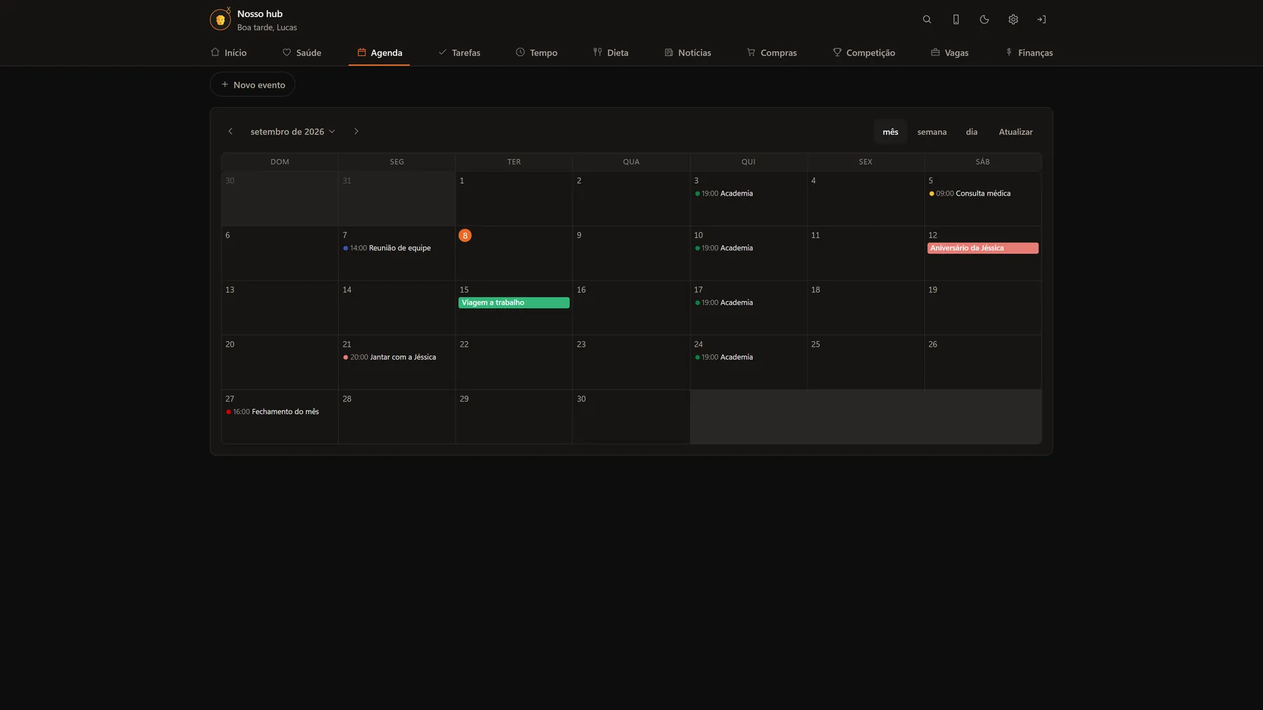 Aba de agenda do Hub com o calendário do mês e os eventos coloridos