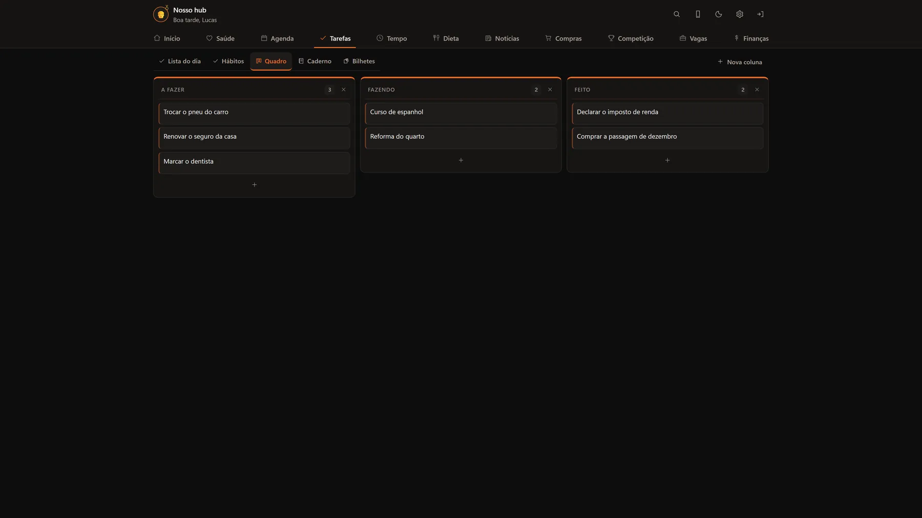 Quadro kanban do Hub com as colunas A fazer, Fazendo e Feito